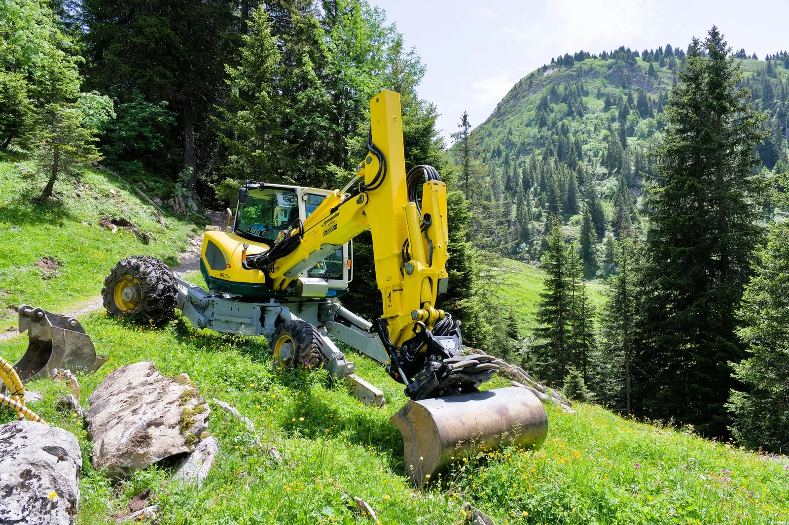 Excavator operating in lush alpine landscape surrounded by trees.